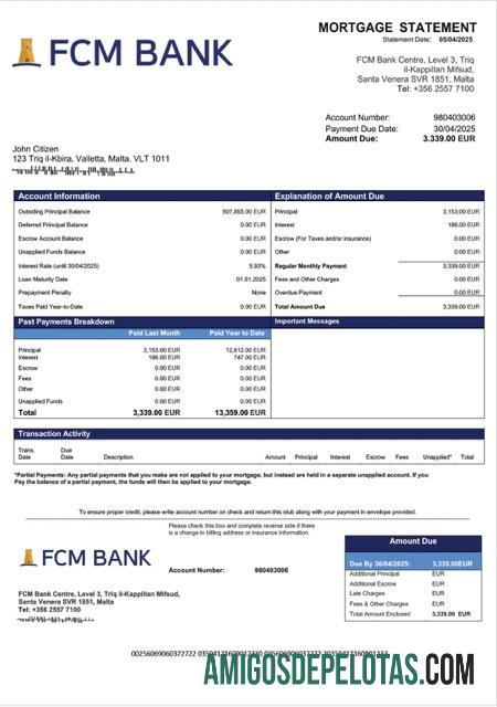 imprimível Modelo Word e PDF de extrato de hipoteca do banco Malta FCM